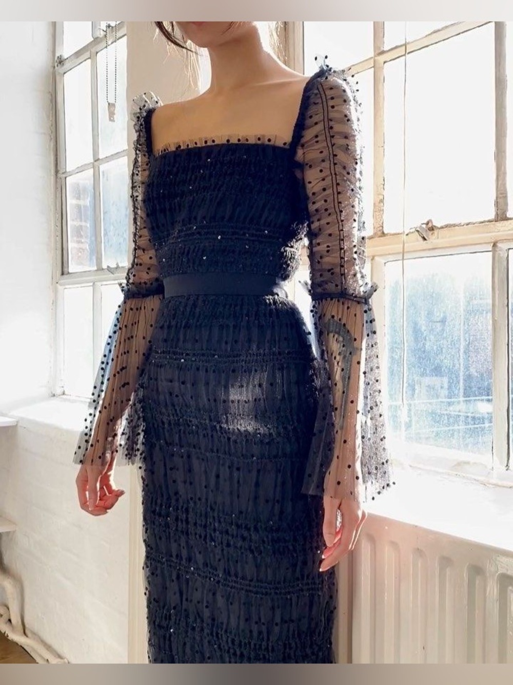 ✨♥︎ Self-Portrait Black Dot Mesh Sequin Midi Dress NWT US 4 UK 8